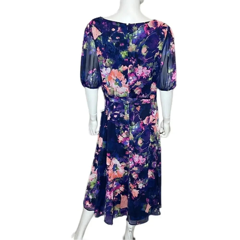 DKNY Short Sleeve V Neck Tie Waist Floral Chiffon Fit And Flare Dress Sz 16 - Picture 4 of 7